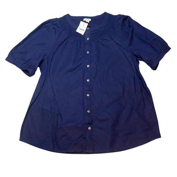 J.Crew Factory Navy Linen Blend Smock Neck Button Front Top Sz M NWT - Picture 4 of 7
